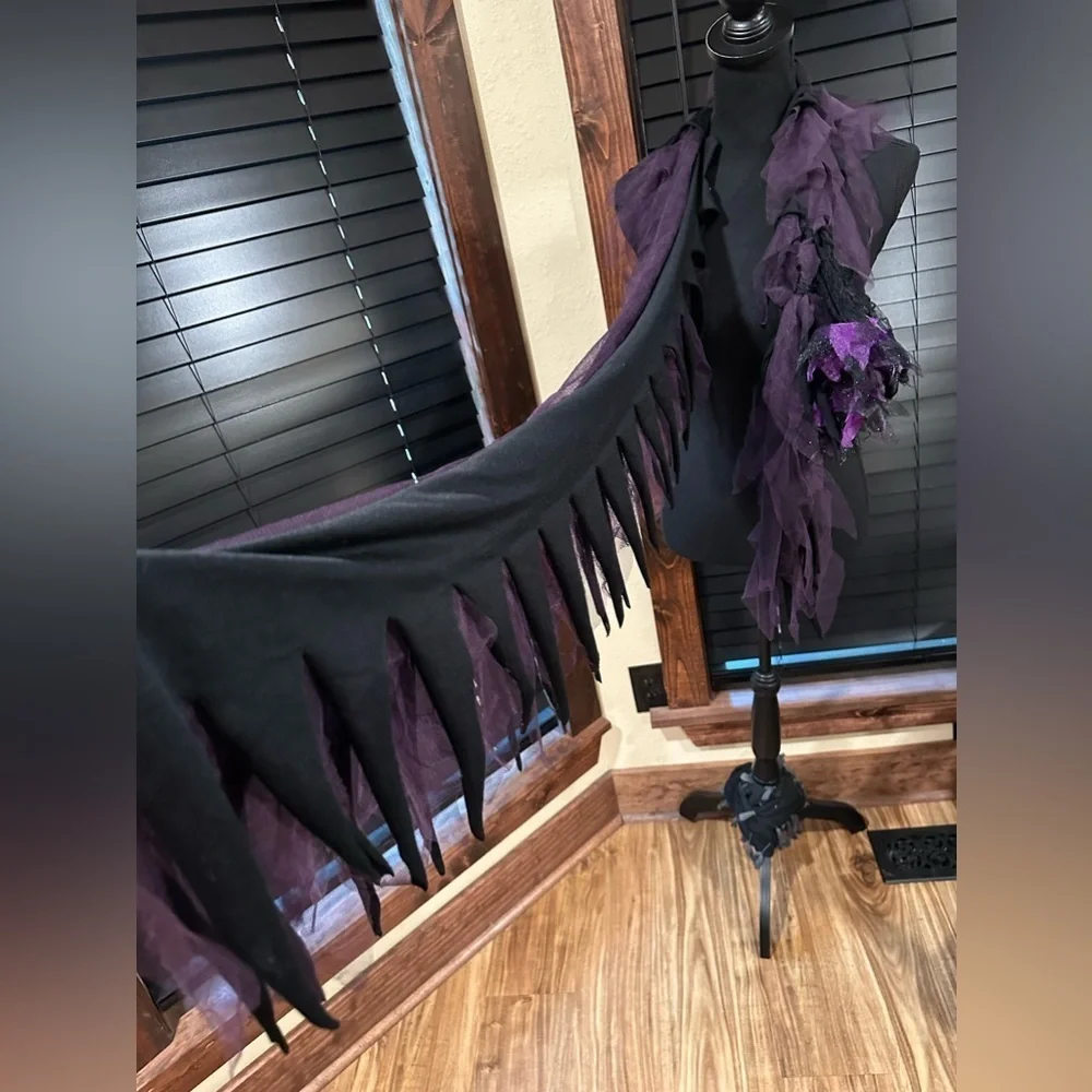 Gothic Black & Purple Tulle Shabby Chic Scarf Wrap Ruffle Flower Oversized Boho